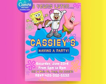 Spongebob Birthday Party Invite Girls Boys Editable Invitation E-invite Instant Download