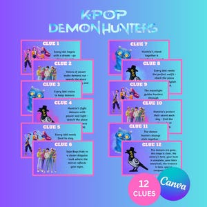 May include: A graphic with the text "KPOP DEMON HUNTERS" and 12 clues. Each clue is on a purple card with illustrations of characters and objects. The Canva logo is in the bottom right corner.