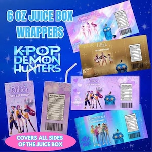 May include: Juice box wrappers with a K-Pop theme, featuring the text "KPOP DEMON HUNTERS" and "6 OZ JUICE BOX WRAPPERS." The wrappers are personalized with names and birthdays, including "Rubie's 9th Birthday" and "Cameron's 11th Birthday." The design includes cartoon characters and nutrition facts.