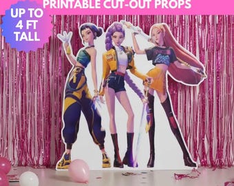 Decoración de cumpleaños imprimible con figuras recortadas a tamaño real del grupo femenino K-Pop Huntrixs. Descarga digital para decoración de fiestas.