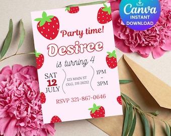 Strawberry Pink Red Girly Shortcake Birthday Party Invite Editable Invitation E-invite Instant Download