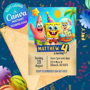 May include: A birthday invitation featuring SpongeBob SquarePants, Patrick Star, and Sandy Cheeks. The invitation includes the text "Matthew is turning 4" with event details: Sunday, August 19th, 1 PM to 4 PM, 123 S Main St, Edwards, GG 58375. RSVP to Kimberly.