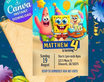 Spongebob Kinder Einladen Geburtstagsparty Mädchen Jungen Bearbeitbare Einladung E-invite Instant Download