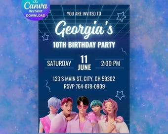 Invitación de cumpleaños de Saja Boys Soda Pop con temática K-pop, descarga digital