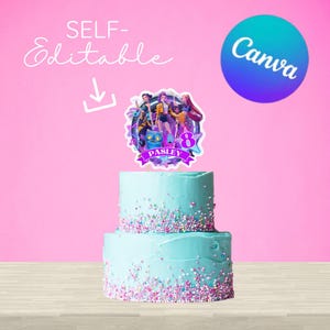 May include: A two-tiered, light blue cake with colorful sprinkles. The cake is topped with a decorative topper featuring three animated characters, the number 8, and the name "Paisley". The image also includes the text "SELF-Editable" and the Canva logo.