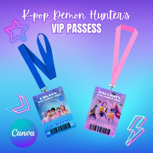 May include: Two VIP passes with lanyards. One pass has a blue lanyard and the other a pink lanyard. The passes have the text "K-pop Demon Hunter's VIP PASSESS" and "VIP ACCESS". One pass says "LOGAN'S 8TH WORLD TOUR" and the other says "HALEIGH'S 8TH WORLD TOUR".