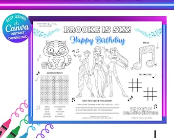 Trendy Editable KPop Activity Placemat Printable Huntrix Birthday Activity Sheet Anime Derpy Tiger Party Games Template