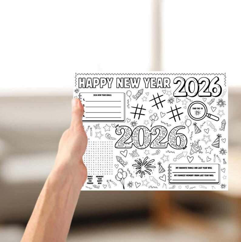 New Year 2026 Kids Activity Placemat Happy New Year's Eve Coloring Page ...