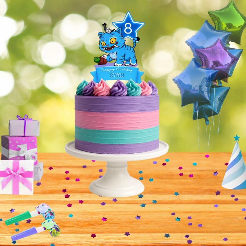 May include: A colorful birthday cake with a blue tiger cake topper that reads "Happy Birthday Ryan" and the number 8. The cake has layers of purple, pink, and teal frosting, and is decorated with colorful frosting swirls. Balloons and gifts are in the background.