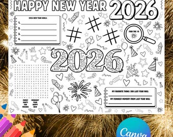 Neues Jahr 2026 Kinderaktivität Tischset Happy Silvester Malseite Partyspiele Blatt Druckbare Kinder NYE Handwerk Klassenzimmer Winter Handwerk