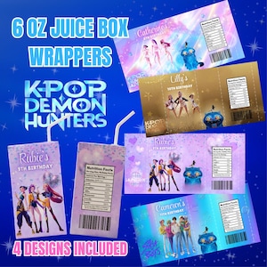 May include: Juice box wrappers with the text "6 OZ JUICE BOX WRAPPERS" and "KPOP DEMON HUNTERS." The wrappers feature various designs with cartoon characters, birthday names, and "Nutrition Facts" labels. Four designs are included.