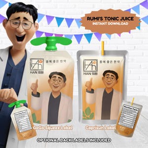 May include: An illustration of a smiling man with glasses, featured on juice pouches and a bottle. The pouches and bottle have the text "HAN 의원" and "몸에 좋은 한약". The image also includes the text "RUMI'S TONIC JUICE INSTANT DOWNLOAD" and "OPTIONAL BACK LABELS INCLUDED".