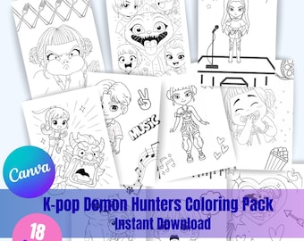 Kpop Coloring Birthday Party Pack afdrukbare Demon Hunters Huntrix Derpy Saja Boys kleurplaten direct downloaden