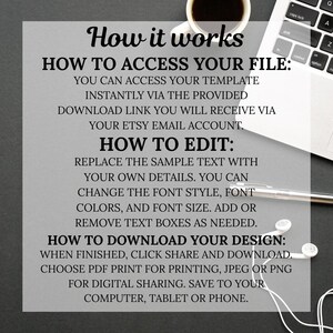 May include: A digital design guide with the title "How it works" and instructions on accessing, editing, and downloading files. The text is in black font on a light gray background. A laptop, coffee cup, pen, and earbuds are also visible.