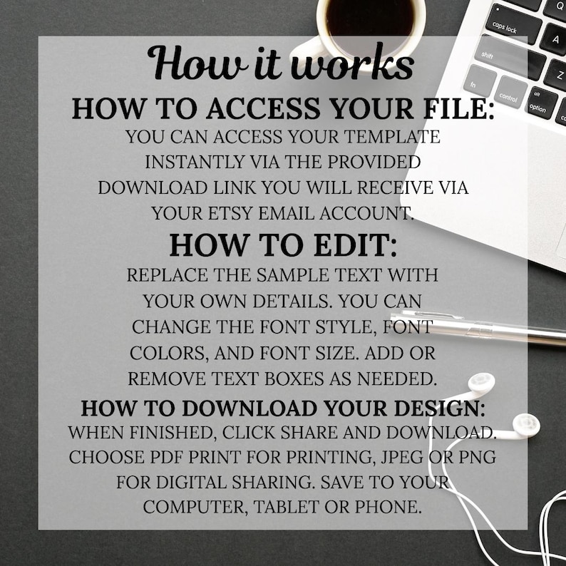 May include: A digital design guide with the title "How it works" and instructions on accessing, editing, and downloading files. The text is in black font on a light gray background. A laptop, coffee cup, pen, and earbuds are also visible.