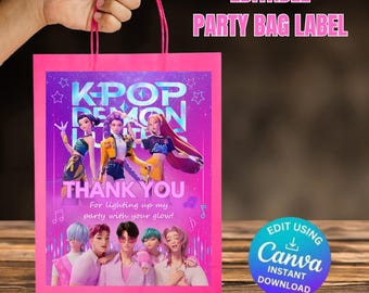 Etiquetas para bolsas de fiesta K-Pop editables e imprimibles. Etiquetas de agradecimiento. Pegatinas para bolsas de fiesta K-Pop. Descarga instantánea.