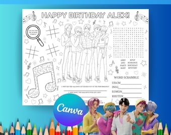 Saja Boys Trendy bewerkbare K-Pop Activity Placemat Coloring Huntrix Anime Birthday Activity Sheet Party Games-sjabloon