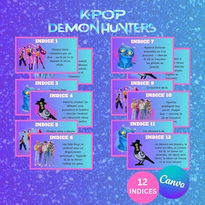May include: A promotional graphic for "KPOP Demon Hunters" featuring 12 indices. The design includes cartoon illustrations of characters and text in French. The color scheme is primarily purple and pink, with white text.
