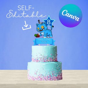May include: A two-tiered birthday cake with light blue frosting and colorful sprinkles. A blue cartoon cat cake topper with a star and the number 8 is on top. The cake has a banner that says "Happy Birthday RYAN". The image also includes the text "SELF-Editable" and a Canva logo.