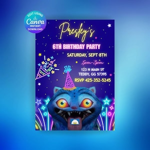 May include: A blue birthday party invitation with the text "Presley's 6th Birthday Party." The invitation features a cartoon cat wearing a party hat and neon accents. The date, time, and RSVP information are also included.