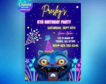 May include: A vibrant blue birthday party invitation with the text "Presley's 6th Birthday Party." It features a cartoon cat wearing a party hat and neon accents. The date, time, and RSVP details are also included.
