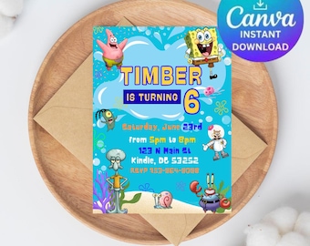 Spongebob Birthday Party Invite Girls Boys Editable Invitation E-invite Instant Download