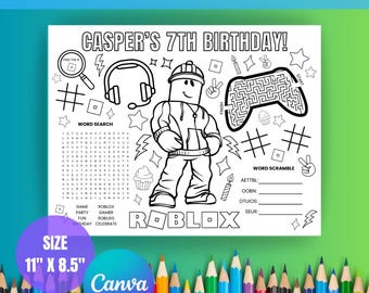 Hoja de actividades para fiestas de cumpleaños de Roblox, imprimible, para colorear y mantel individual para niños (PDF)