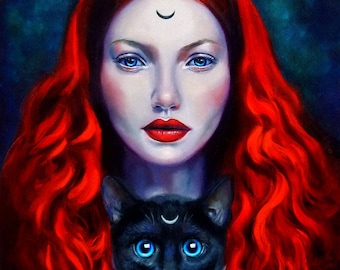 Black Cat Witch Familiar Art Print | Witchy Redhead | Occult Pagan Decor | Dark Fantasy Art