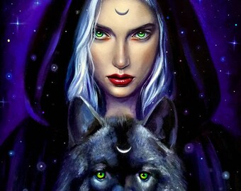 Wiccan art, 8x10 print, pagan art print, wiccan wolf art, gift for wolf lover, wolf art, witchcraft art, wicca wolf, wolf witch, magic wolf