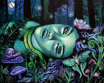 Earth Goddess Art Print | Moonlit Woodland Wall Art | Luna Moth & Forest Witch Decor