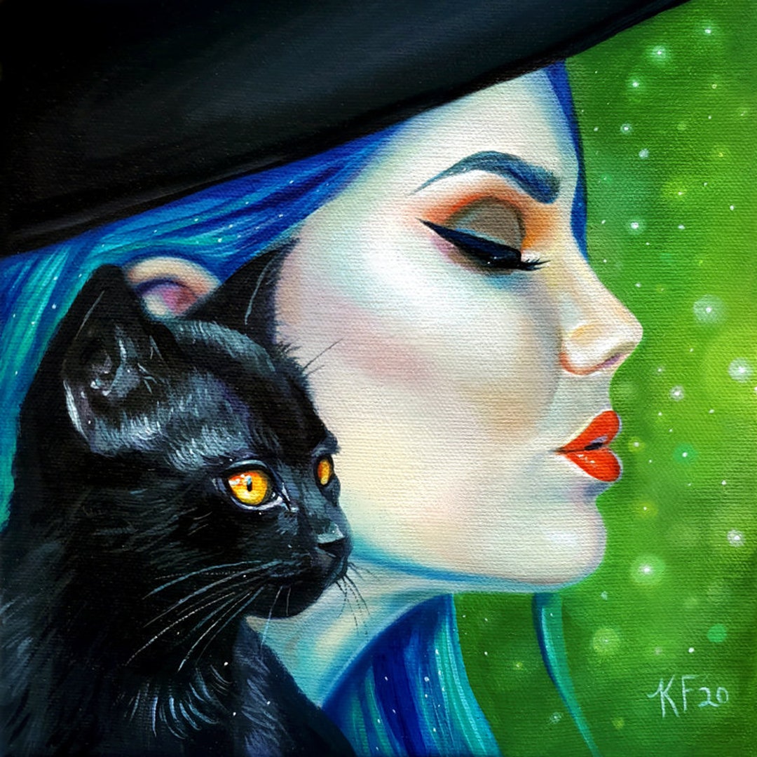 Halloween Art Print Black Cat Art Witch Painting Witchcraft - Etsy