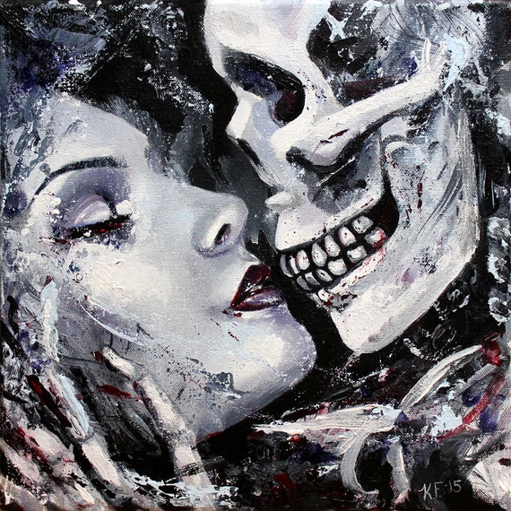 Death and the Maiden Print | Gothic Wall Art | Dark Romantic Art | Skeleton Kiss Artwork