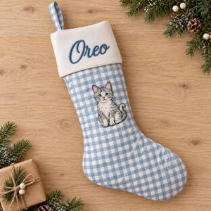 Personalized Pet Christmas Stocking, Blue Gingham and Plaid, Embroidered Name, Dog or Cat Holiday Gift