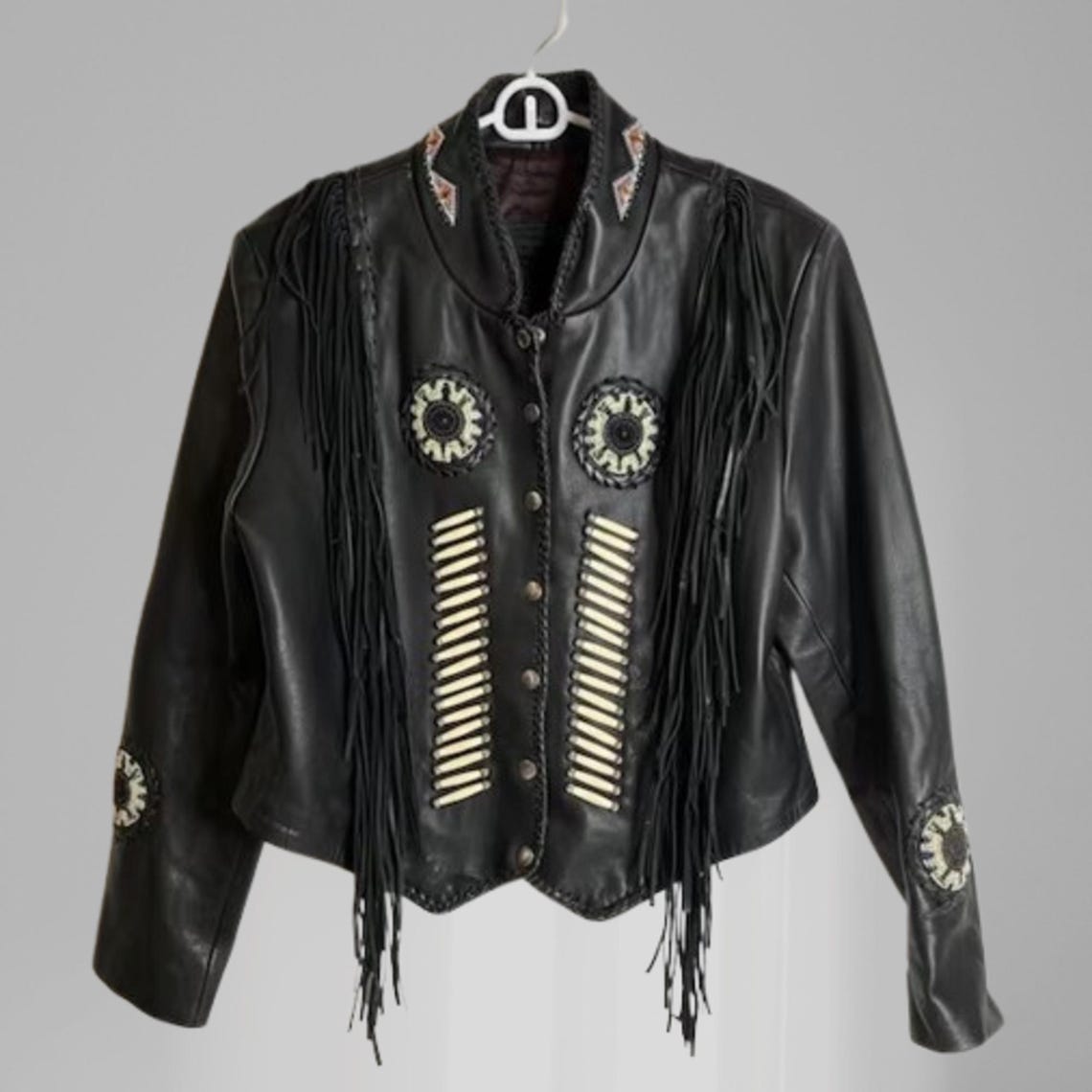 Women's Fringe Leather Beaded Jacket |Western Cowgirl Coat | Nashville Rodeo Vintage Style, foto 1 di 5
