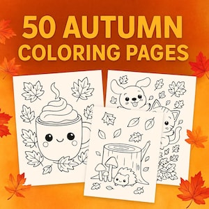 Könnte beinhalten: Drei Ausmalbilder mit herbstlichen Illustrationen, darunter eine lächelnde Tasse Schlagsahne, ein Hund, eine Katze, ein Igel und ein Baumstumpf. Der Text "50 AUTUMN COLORING PAGES" steht oben.