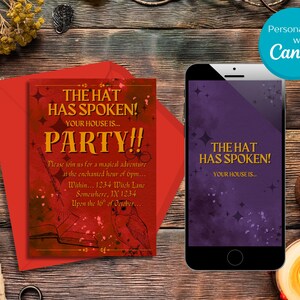May include: A red invitation card with the text "THE HAT HAS SPOKEN! PARTY!!" and event details. A smartphone displays the same text on a purple background. The invitation is designed for a magical themed party.