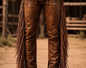 Pantaloni da cowboy da uomo in pelle marrone fatti a mano con frange / Gambali western in vera pelle / Abbigliamento da cowboy per motociclisti, rodeo e festival