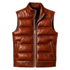 May include: A brown leather puffer vest with a stand-up collar and a full-length zip. The vest features two side pockets and a quilted design. The vest is a medium brown colour.