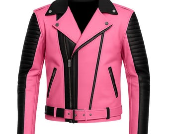 Giacca da motociclista in pelle trapuntata rosa e nera / stile motociclista retrò