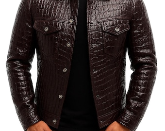 Chaqueta de cuero para hombre hecha a mano / Piel de cordero marrón y negra con textura de cocodrilo en relieve