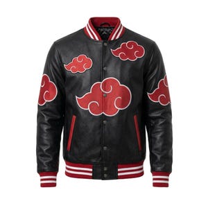 May include: A black varsity jacket featuring red cloud embroidery across the front and sleeves. The jacket has a snap-button front closure, a ribbed collar, cuffs, and hem with white stripes, and two vertical slit pockets with red trim.