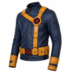 May include: A dark blue leather jacket featuring a high collar, full-length front zipper, and yellow leather cuffs with blue stripes. It includes a yellow leather harness with a circular red and black X emblem and a matching utility belt.
