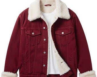 Red Denim Trucker Jacket | Faux Fur Sherpa Lined Winter Outerwear