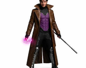 May include: A costume featuring a long brown trench coat, a purple chest piece, black pants with silver leg armor, and black boots. The outfit includes a black headband, dark gloves, a long staff, and a hand holding glowing pink playing cards.
