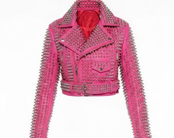 Giacca da motociclista in pelle con borchie rosa shocking / Cappotto da motociclista punk