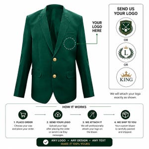 May include: A dark green blazer with two gold-tone buttons and a notched lapel. The image includes text instructions for custom logo placement, showing examples of a golf club, letter L, and crown logo, plus a four-step process guide.
