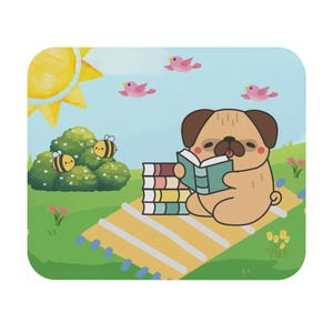 May include: A square, cartoon-style image featuring a pug reading a book on a yellow striped blanket. The scene includes a green bush with bees, a yellow sun, pink birds, and a stack of colorful books. The background is a light blue sky and green grass.