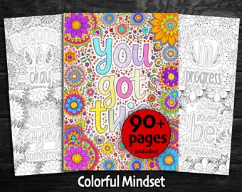 Libro para colorear con frases positivas, diseños inspiradores y estimulantes para aliviar el estrés, páginas para colorear de autocuidado para adultos.