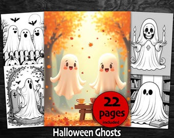 Halloween Ghosts Coloring Book: Spooky and Cute Ghosts with Pumpkins, Autumn Leaves, Whimsical Spirits Printable PDF