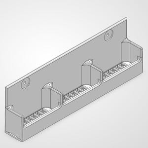 May include: A gray, 3D-rendered wall-mounted organizer with three compartments. Each compartment has a slatted base. The organizer has two circular mounting holes and a rectangular shape.